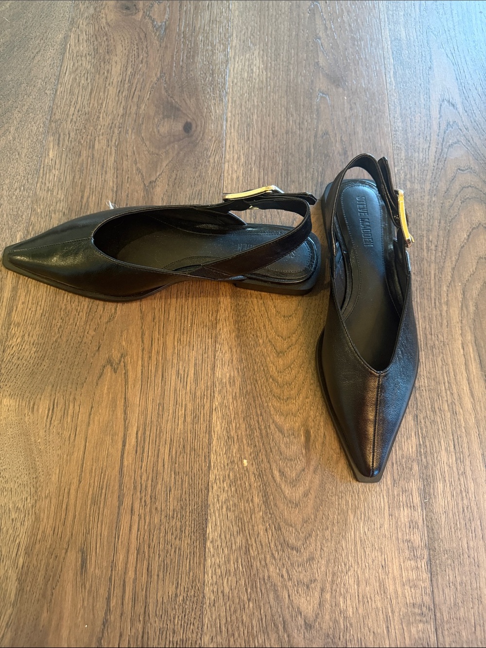 Steve Madden Black Pointed Slingback Flats with Gold Buckles - Picture 3 of 4
